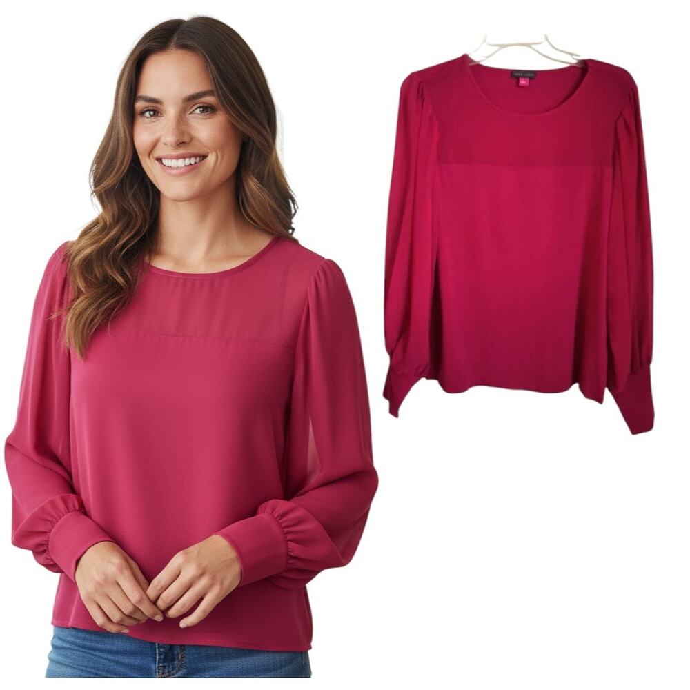 Vince Camuto Blouse Women's Size L Red Long Chiffon Sleeves  Knit Pullover Top